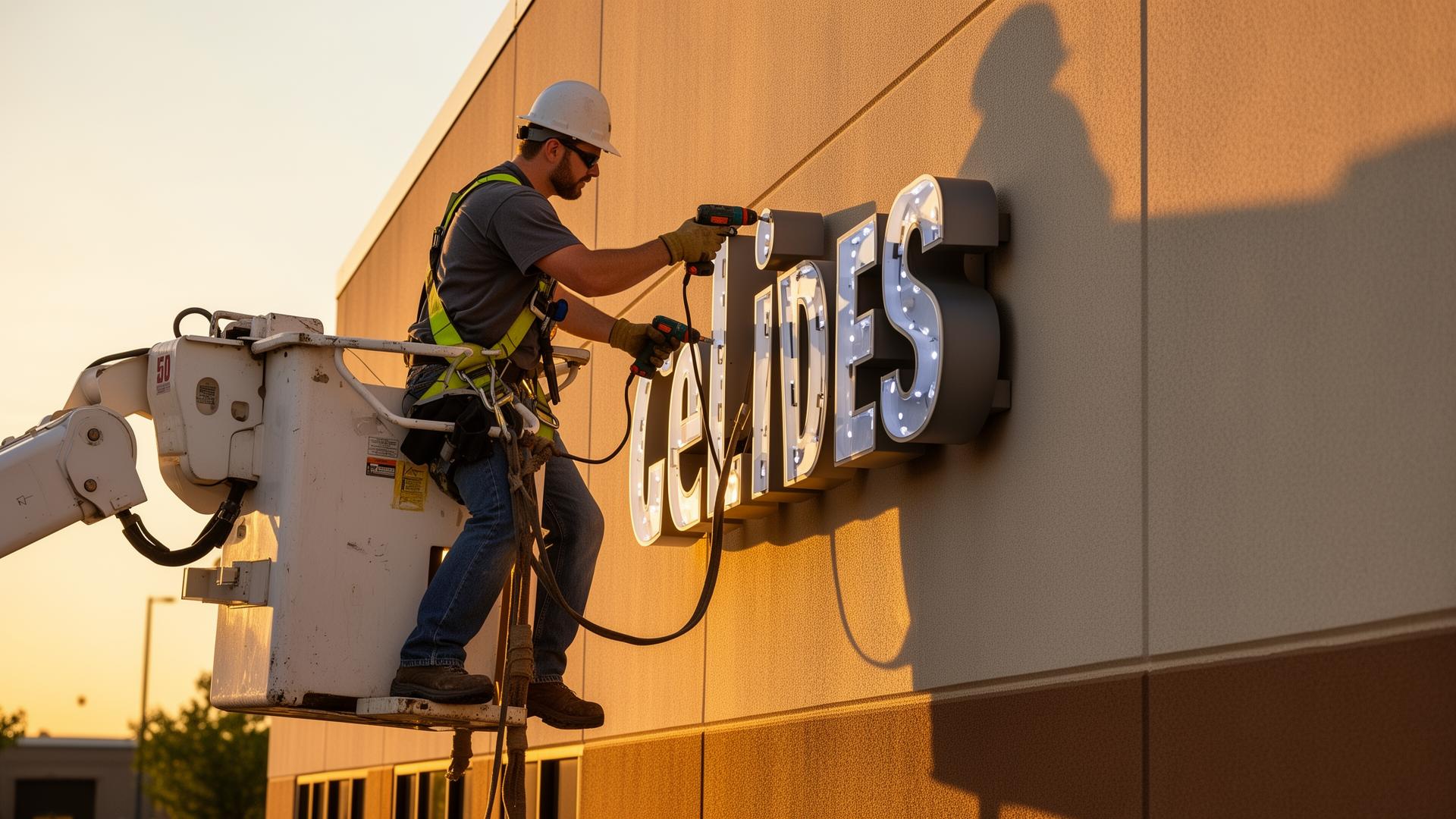 J.K. McClain installer mounting illuminated channel letters from a bucket truck